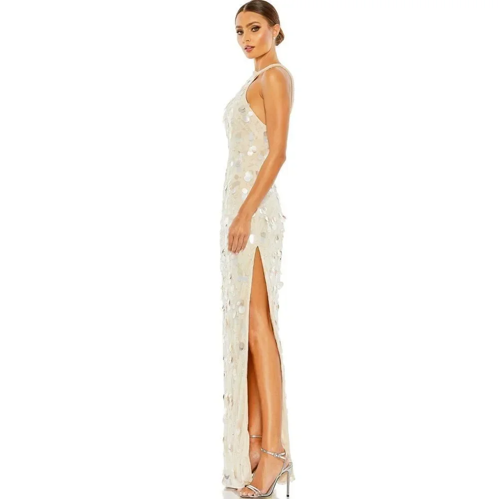 MAC DUGGAL CRYSTAL EMBELLISHED CASCADE OPEN BACK COLUMN GOWN / size 16